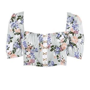 Floral Hook & Eye Puff Sleeve Crop Top